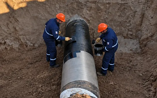 Dos operarios aplican EasyCoat® sobre una cañería descubierta en una excavación.