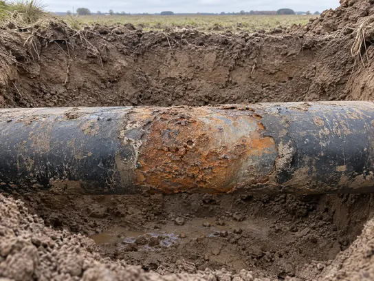 Cañería de acero descubierta en una zanja, con el revestimiento negro desprendido y corrosión externa con óxido y picaduras en el acero expuesto.