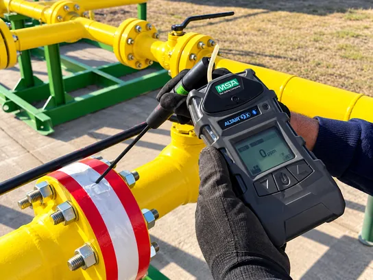 Detector de gases con sonda sobre una brida con junta aislante, en una cañería de gas.
