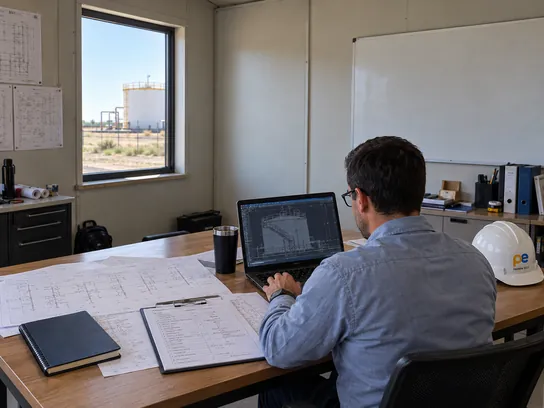 Ingeniero trabajando en la computadora, con planos y una planilla de cálculo sobre el escritorio.