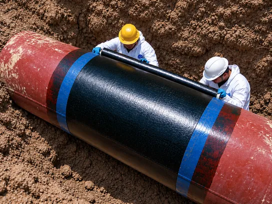 Dos operarios aplican un revestimiento de reparación sobre una cañería descubierta en la zanja.