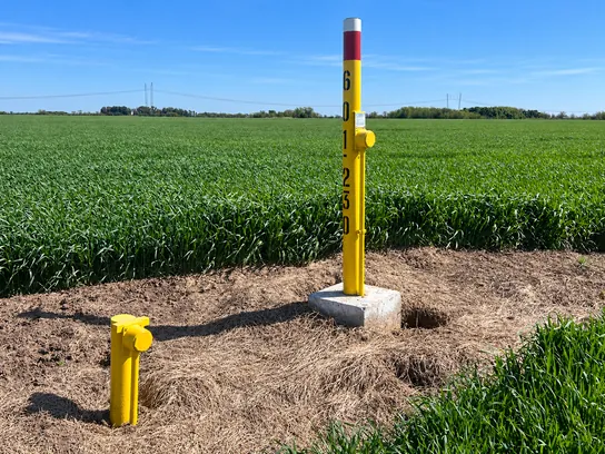 Mojón amarillo y caja de medición de potencial sobre la traza de un ducto, en un campo sembrado.
